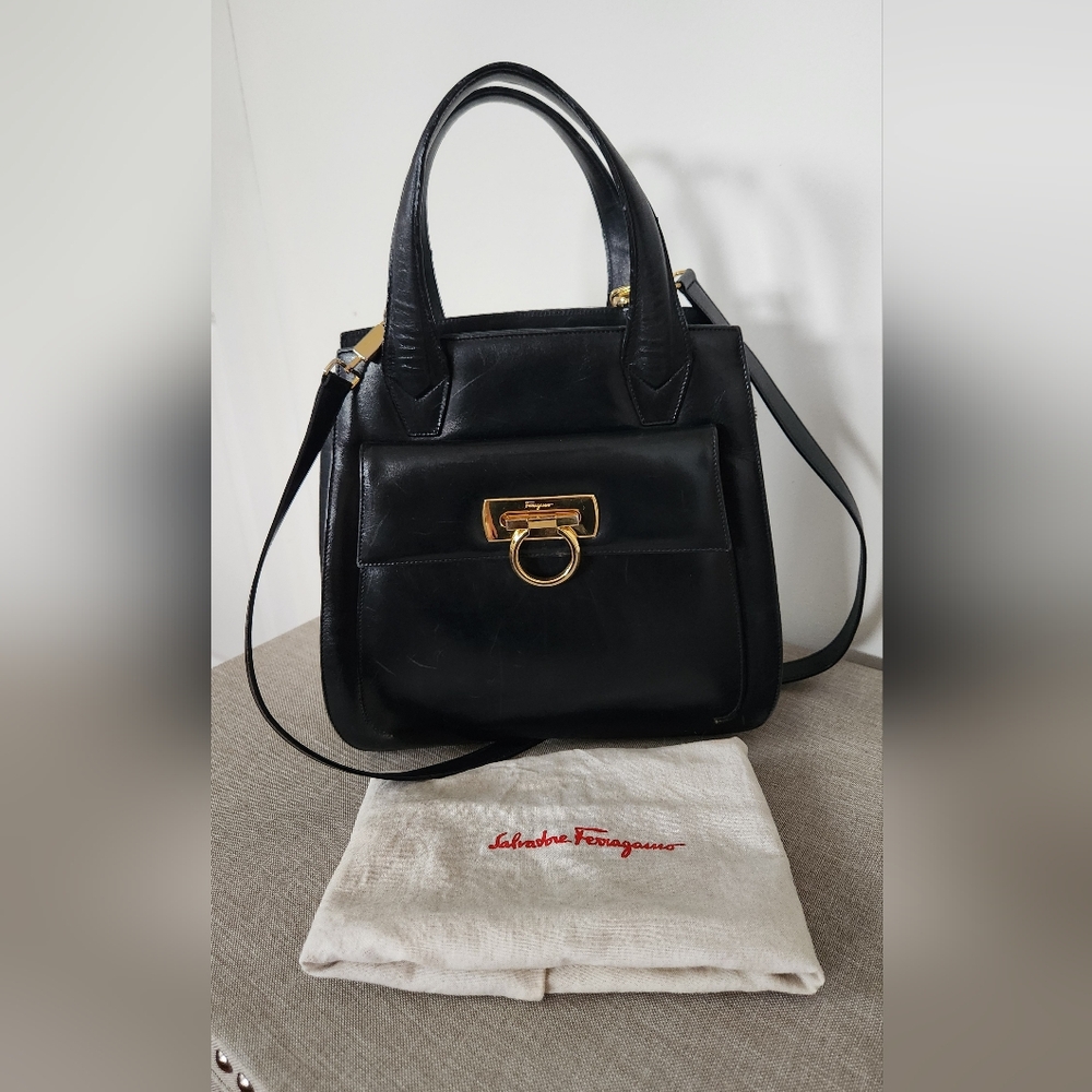 Salvatore Ferragamo VINTAGE Black Satchel with Gold Accents